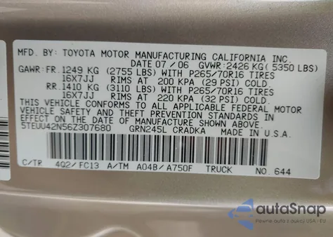 2006 Toyota Tacoma Base V6 from USA, damaged, VIN 5TEUU42N067307680